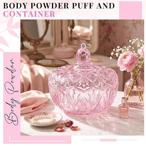 Tioncy 2 Pcs Powder Puff Container Set 6" Glass Jar,Pink,Pumpkin | Extra Large, Soft Velour Powder Puff Washable Reusable, Body Dusting Makeup Apply, Vintage Crystal Glass Design Xmas Gift thumbnail 2