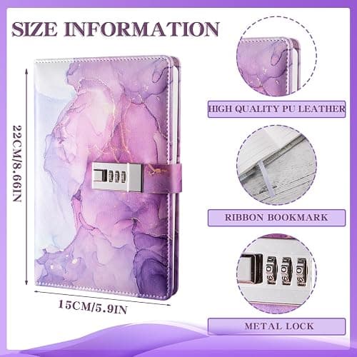 Diary with Lock, A5 Lockable Journal, PU Leather Combination Lock Diary, Lock Diary Planner Organizer for Men and Women, Office Product 8.6 x 5.9 in- Purple thumbnail 3