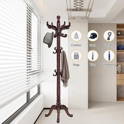 Wooden Coat Rack Stand Sturdy Triangle Base, Natural Birch Wood Coat Racks Freestanding, Vintage Solid Wood Coat Tree Stand with 14 Hooks, Classic Sturdy Coat Racks Hall Tree for Entryway, Office thumbnail 7