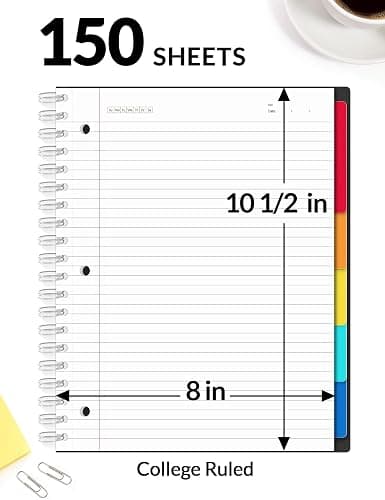 SUNEE Spiral Notebooks for Work with Removable Dividers & Tabs – College Ruled 5 Subject, 300 Pages, 3 Hole Punched, Durable PP Cover, 8"x10.5" – Notebooks for Office or School, Black thumbnail 3