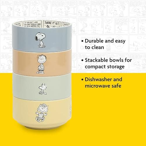 Peanuts Snoopy Bonbon Bites 4-Piece 5.5-Inch Decorated Stoneware Ceramic Stackable Bowl Set, Microwave & Dishwasher Safe Snack and Dessert Bowls thumbnail 5