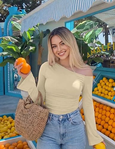 ZESICA Women's Off Shoulder Bell Long Sleeve Going Out Tops | Fitted T-Shirt, Asymmetrical Top, Ruched, 2026 Fall Fashion, Trendy Tops, Date Night, Y2K Outfits, Business Casual, Clothes thumbnail 2