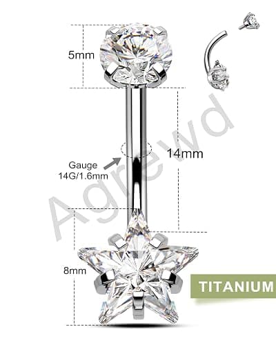 Agrewd Minimalist Star G23 Solid Titanium Belly Button Rings - 14G Internally Threaded Navel Rings for Women - Clear CZ Belly Piercing Jewelry thumbnail 3