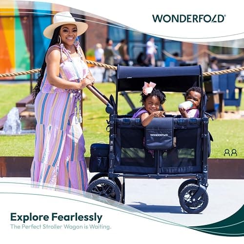 WONDERFOLD W2 Luxe Stroller Wagon (2 Seater) - Collapsible Wagon Stroller with Seats with Magnetic Buckle 5-Point Harnesses and Adjustable Sun Canopy, Volcanic Black thumbnail 3