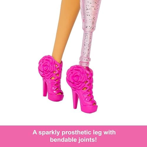Barbie Deluxe Style Doll #2 in Barbiecore Outfit, Black Hair and Glittery Prosthetic Leg, Pink Top and Skirt Set with Rosette Detail and Accessories thumbnail 3