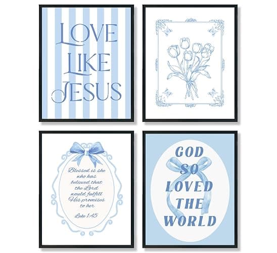 ULEGIE Coquette Blue Bow Bible Poster Wall Art Decor, Jesus Wall Art Decor,Blue Room Decor for Teen Girls, Bow Decor Bedroom, Light Blue Room Decor for Girls Room Living Room Bedroom, 8x10 Inches Unframed Set of 4 - Image 1