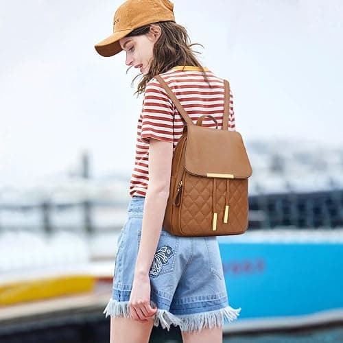 KKXIU Quilted Trendy Leather Backpack Purse for Women and Ladies Shoulder Travel Daypacks Bags with Wristlets (Y-Brown) thumbnail 2