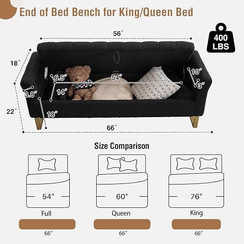 66" Storage Bench for Bedroom Upholstered End of Bed Bench King Size Black | Long Bedroom Benches for Foot of Bed King,Teddy Storage Bed Bench with Gold Legs,2 Pillows for Entryway Windows Cloakroom thumbnail 2