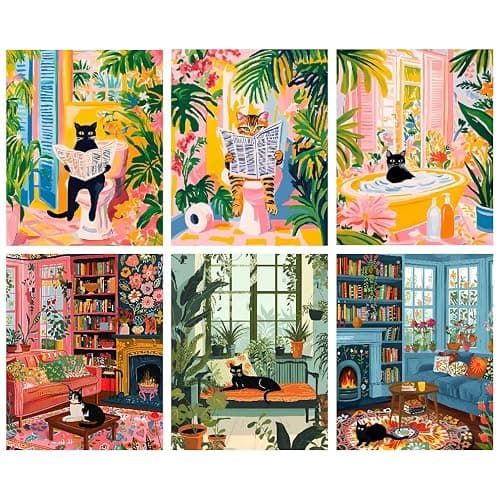 BEAYIOU 6 Pack Animals Paint by Numbers Kit for Adults Frameless,Funny Black Cat DIY Adult Painting by Number Kits on Canvas,Easy Acrylic Paint Kit Beginners for Home Decor 9.8x13.8 Inch - Image 1