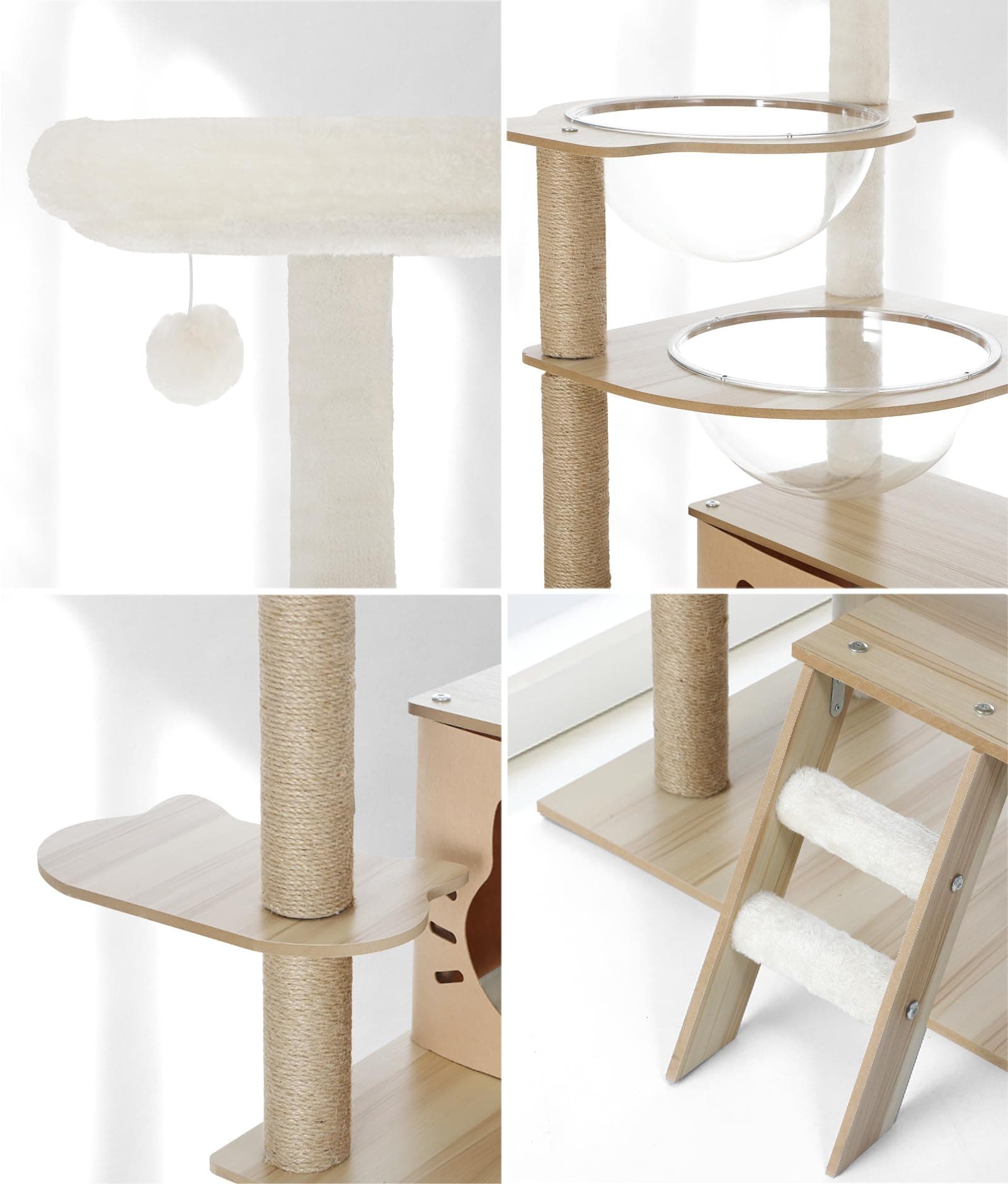 Wooden Cat Tree Tower, Cat Towers with Plush-Covered Scratching Posts, Activity Balls and Detachable Sleeping House, Multi-Level Cats Condo for Indoor Cats Kittens Play, 145x40x50cm, Natural thumbnail 3