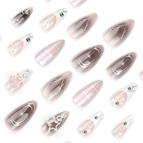 MouyouGlow Press on Nails Kurz,Almond Nude Weiß French Verlauf Schwarz 3D Chrome Stars Silber Feuer Rhinestones Cool Y2K Coquette Gothic Fake Nails,Fantasy Grey Künstliche Fingernägel thumbnail 2
