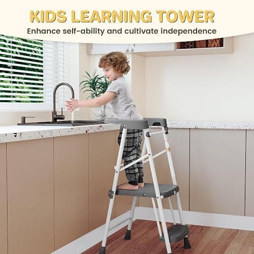 HBTower Kids 2 Steps Step Stool, Toddler Tower for Kitchen Counter Learning, Toddler Kitchen Stool Helper with Anti-Drop Safty Railing Kids Standing Folding Stepper thumbnail 6