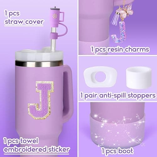 Mity rain 6PCS Cup Accessories Set for Stanley Cup 30oz 40oz tumbler with handle, Including Silicone Straw Topper Cover Cap and Boot, Spill Proof Stopper, Handle Charm, Initials Sticker (Letter J) thumbnail 4