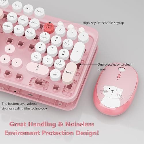Wireless Keyboard,KOOTOP Cute Colorful 104 Keys Typewriter Retro Round Keycaps Keyboard for PC Laptop,Desktop,Windows, Home and Office Keyboards (Pink) - S300 pink thumbnail 2