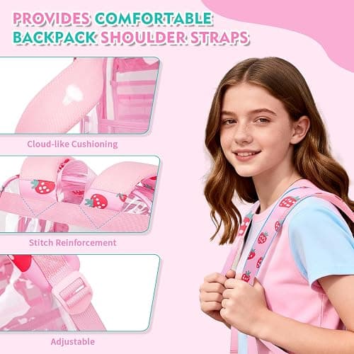 QIXIHU Clear Backpack for School,Transparent Backpack Stadium Events,Heavy Duty Clear Bookbag for Girls,Boys,Work,Sport Pink Strawberry thumbnail 6