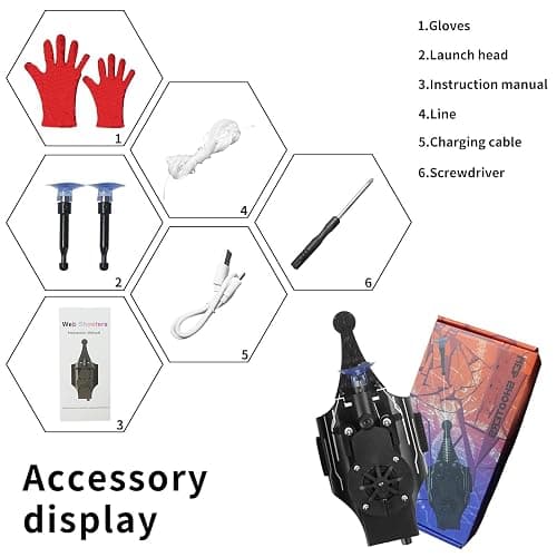 QGHZA 3 Colors Spider Web Shooter with Gloves, USB Charging Web Launcher with 8ft Range Instant Retract Sticky Webs and Suction Cups, Can Grab Small Objects (Black) thumbnail 3
