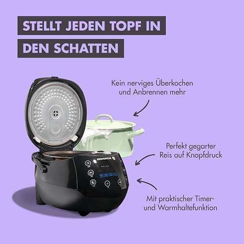 REISHUNGER Digitaler Reiskocher & Dampfgarer Schwarz | 1,5 L bis 8 Personen | Warmhaltefunktion, Timer & Premium Innentopf | Multikocher, 12 Programme, 7-Phasen-Technologie thumbnail 6