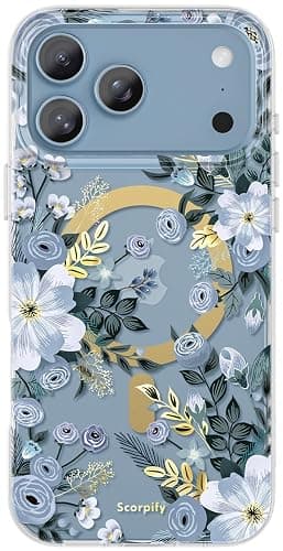 SCORPIFY for iPhone 17 Pro Case [Compatible with MagSafe] with Blue Nemophila Floral Design, Cute Clear Flower Magnetic Phone Cover for Women Girls,[Non Yellowing] Slim Bumper with Gold Accents - Image 1