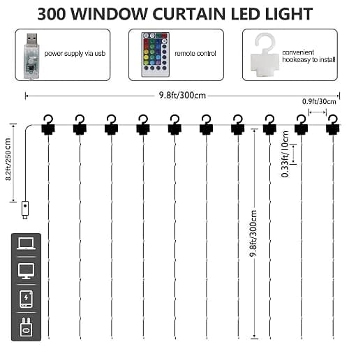 HOME LIGHTING Window Curtain String Lights, 300 LED RGB 16 Colors Changing Fairy Lights, 4 Modes with Remote, USB & Adapter Powered for Halloween Christmas Party Wedding Home Garden Wall Decorations thumbnail 6