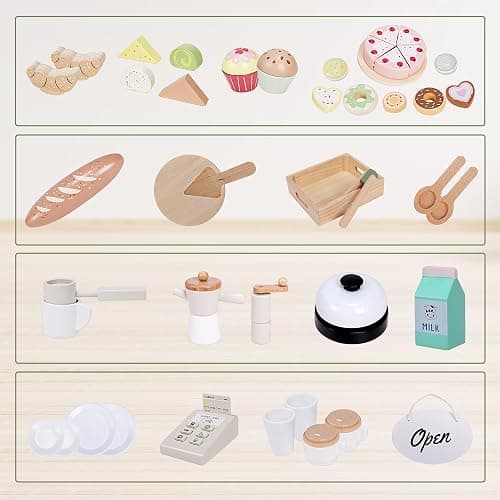 Wooden Coffee Shop Play Set, Pretend Grocery Store, Realistic Bakery Shop Sessert Stand with Toy Foods 37 PCS, Gift for Kids 3 4 5 6 Yead Old thumbnail 4
