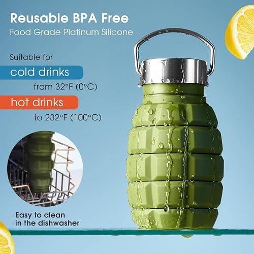 YARO Collapsible Water Bottles, 20oz Water Bottle with 2 Lids and Carabiner, Green Travel Water Bottle, Silicone Water Bottle BPA-Free, Slim Foldable Hiking Bottle thumbnail 3