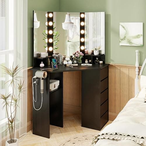 CHARMAID Corner Vanity Desk with Mirror and Lights, Black Makeup Vanity Table with 5 Drawers, Storage Shelves, Charging Station, 3 Lighting Modes, Compact Vanity Dressing Table for Small Space thumbnail 3