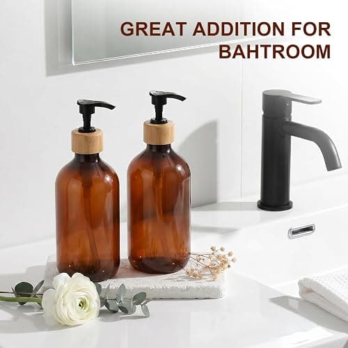 KASUNTING Amber Soap Dispenser Plastic, Brown Dish Soap Dispenser with Bamboo Pump for Kitchen,17 Fl Oz Hand and Dish Dispenser Set for Bathroom, Farmhouse Liquid Soap and Lotion Dispensers Bottle thumbnail 6
