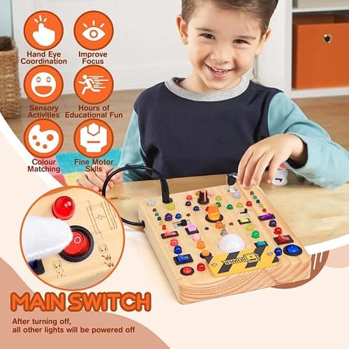Busy Board with 19 LED Light Switches, Montessori Toys for 1 2 3 Years Old, Wooden Sensory Board, Toddlers Activity Travel Toys for 1 2 3 Year Old Boy & Girl Birthday Gift (Big) thumbnail 3