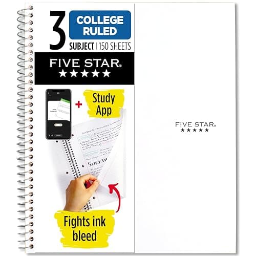 Five Star Spiral Notebook + Study App, 3 Subject, College Ruled Paper, Fights Ink Bleed, Water Resistant Cover, 8-1/2" x 11", 150 Sheets, White (72464) - White - 1 Count (Pack of 1) - Image 1