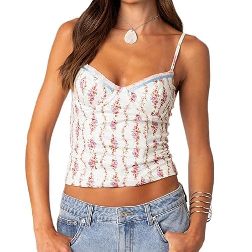 Women Y2k Backless Tank Top Vintage Lace Trim Floral Patchwork Cami Crop Top Summer Party Club Vest 00s Retro Shirt - Image 1