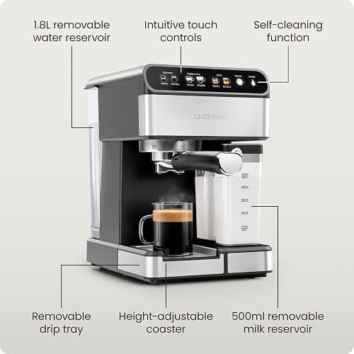 Chefman CaféMaster Pro Espresso Machine, Brew Single or Double Shots, Coffee Maker with Built-In Milk Frother for Cappuccino & Latte, XL 1.8 Liter Removable Water Reservoir - Stainless Steel thumbnail 8