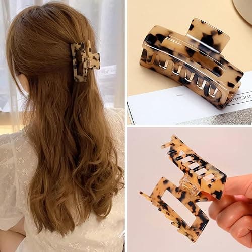 3 inch Hair Claw Clips Cutout Tortoise Shell Celluloid Hair Jaw Clips French Design Rectangle Hair Clamp for Women Ladies Mother (2 Pack) thumbnail 3