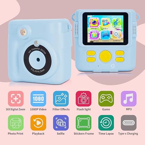 Phetium Kids Camera Instant Print, Christmas Birthday Gifts Toys for 5 6 7 8 9 10 Year Old Girls Boys,1080P Digital Video Cameras for Toddler, Creative Presents for Children, with Print Papers (Blue) thumbnail 2