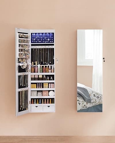 SONGMICS Schmuckschrank mit langem Spiegel, Schmuckaufbewahrung mit 6 LED-Lampen, zum Aufhängen an der Tür oder zur Befestigung an der Wand, großes Fassungsvermögen, 2 Schubladen, Weiß JJC99WT thumbnail 5