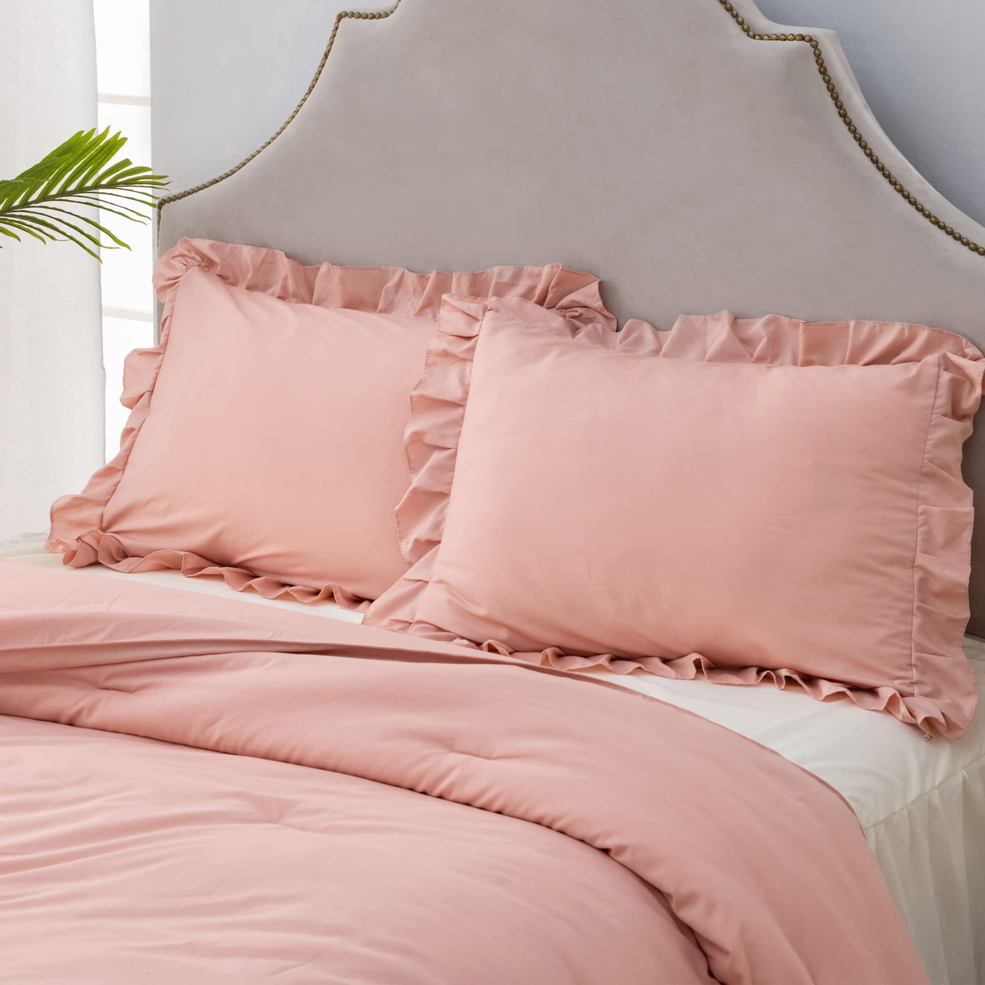 Litanika Blush Pink Ruffle King Bed Comforter Set, 3 Pieces Girls Women Cute Bedding Comforters & Sets, Lightweight Fluffy Microfiber Down Alternative (104x90In Comforter & 2 Pillowcases) - King (104"x90") - Blush Pink thumbnail 6