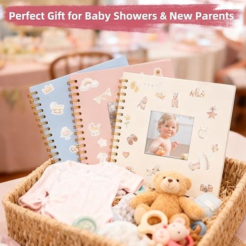 Vienrose Kids Scrapbook Album 8.5"X8.3" with Window Silk Fabric Cover Acid-Free Pages Personalised DIY Photos Scrapbooking for Baby Memory Book, First Year Keepsake Journal Gift Boy Girl, Beige thumbnail 8