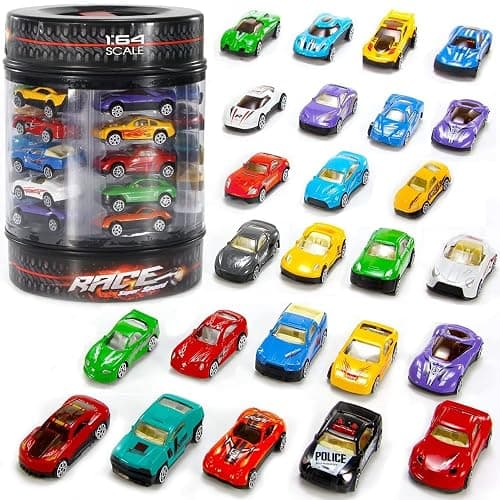 25 Piece Diecast Cars Pack Toy Playset in Storage Carrying Tub - 1:64 Scale Metal Alloy Die-cast Vehicles Collection for Kids - Image 1