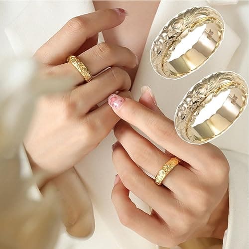 BlingNook Dainty Engraved Plumeria Flower Ring, 14K Gold Plated Hawaiian Princess Plumeria Flower Scroll Promise Ring Stackable Wedding Engagement Band Jewelry for Women or Men thumbnail 5