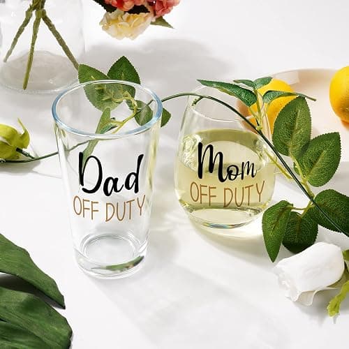 Futtumy Dad and Mom Gift Set, Dad & Mom off Duty Beer Glass and Stemless Wine Glass Combo for Daddy Mom New Parents, Funny Gift for Father’s Day Mother’s Day Christmas Birthday Daily Use Baby Shower thumbnail 6