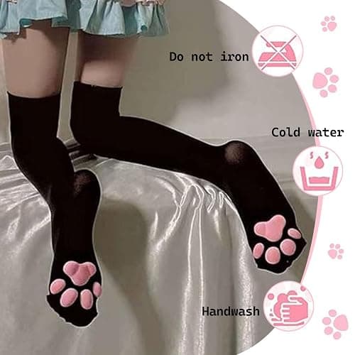 YREYBN 1 Pair Thigh High Socks, Pink Cute Cat Paw Pad Socks, 3D Kitten Claw Stockings for Girls Women, Knee High Socks for Cosplay Halloween Party and Daily Lives(Black) thumbnail 2
