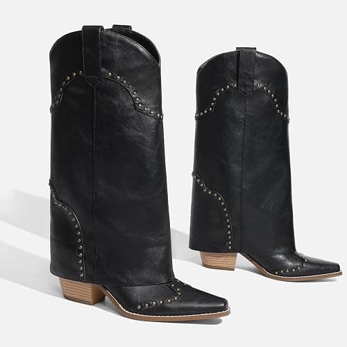 RONILURN Women Shark Boots Fold Over Mid Calf Chunky Heel Snip Toe Cowboy Cowgirl Pull On Studded Boots for Women thumbnail 8