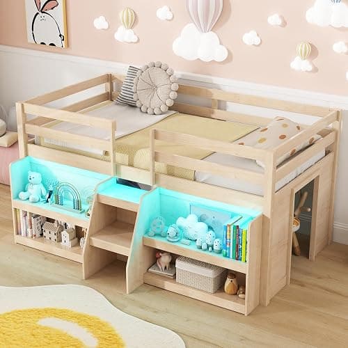 KOTEK Low Loft Bed with LED Lights, Twin Loft Bed with Storage Bookcase & Under-Bed Play Space, Stairs & Guardrails, Loft Bed Frame for Kids (Natural) thumbnail 3