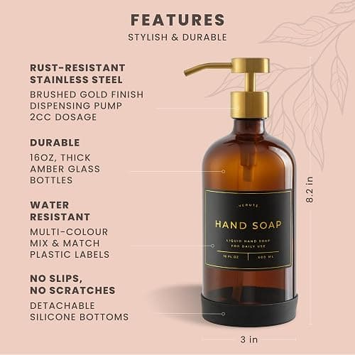 Hand and Dish Soap Dispenser for Kitchen and Bathroom, Set of 2 16 Oz Glass Bottles, Stainless Steel Pumps, Non-Slip Silicone Base, 27 Waterproof Labels (Amber Bottle/Brushed Gold Pump) thumbnail 3