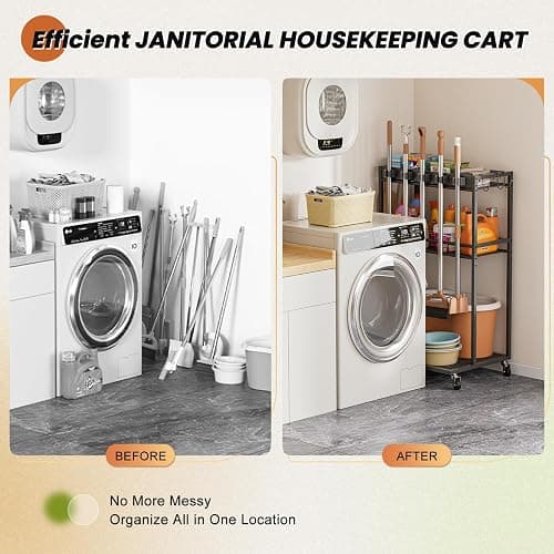 Broom Holder with Cleaning Supplies Organizer, Broom Closet Storage Cabinet with Mop Hanger Gripper Rack Hooks, Cleaning Housekeeping Janitorial Cart with Cleaning Caddy, Laundry Room Organization thumbnail 6