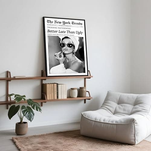 Framed Better Late Than Ugly Wall Decor Newspaper Audrey Hepburn Wall Art | Vintage Black and White Fashion Poster Chic New York Trends Glam Quote Canvas Print for Bedroom Bathroom Dorm 8x12inch thumbnail 6