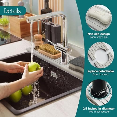 Faucet Mat for Kitchen Sink - 24'' Long Diatomite Fast Drying Stone Sink Tray, Super Absorbent, Prevents Moisture Buildup - Faucet Splash Guard for Bathroom Counter [Light Grey, 23.6" x 3.9"] - Light Grey - 23.6" x 3.9" thumbnail 4