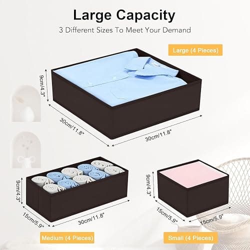 DIMJ Drawer Organizer 15 Pack - Foldable Baby Organizers and Storage & Dresser Organizer for Nursery, Bedroom, Closet - Nursery Organization Dresser Dividers for underwear, Sock, Bra, Belt, Tie, Brown thumbnail 3