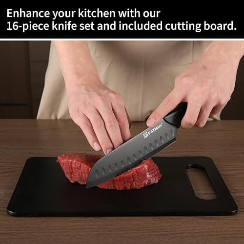 KATISUN 16 Pieces Kitchen Knife Block Set with Cutting Board, German Stainless Steel Knife Set with Sharpener, Dishwasher Safe, Anti-Slip Handle, 6 Steak Knives, Black thumbnail 7