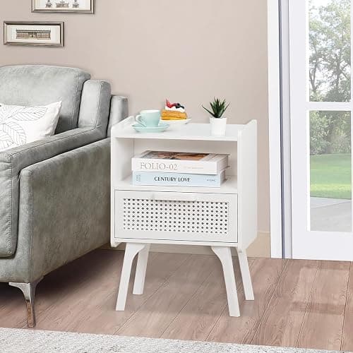 Lerliuo Rattan Nightstand, Side Table with Drawer Open Shelf, Cane Accent Bedside End Table with Solid Wood Legs, Mid Century Modern Night Stand for Bedroom, Dorm and Small Spaces (White) thumbnail 7