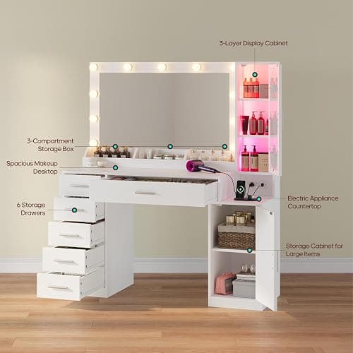 BTHFST Makeup Vanity Desk with Large 31.5" Mirror and Lights, 46.1" Vanity with RGB Lights & Charging Station, Vanity Table with 6 Drawers & Cabinet & Shelves, White thumbnail 9